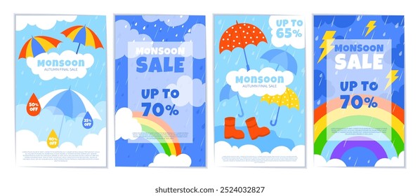 Lluvia monzón. Estación lluviosa. Cartel del día de la oferta. Arco iris del cielo. Nubes con relámpagos. Folleto de anuncio de venta. Gotas de agua. Paraguas de tormenta. Descuento de temporada otoño y primavera. Conjunto de Anuncios chillones de Vector