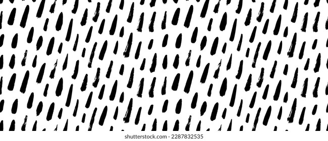 Rain motif seamless banner with diagonal brush strokes. Hand drawn short thick lines. Seamless texture with dashed strokes. Hand drawn regular doodle simple lines. Black paint smears background.