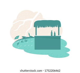 Rain natural disaster 2D vector web banner, poster. Tropical tornado. Beach bar and thunderbolt flat illustration on cartoon background. Flood printable patch, colorful web element