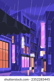 Rain in night city, card. empty street with buildings, glowing urban lights, windows in rainy weather. Downpour, shower, rainfall, monsoon in town at midnight, dark evening. Flat vector illustration