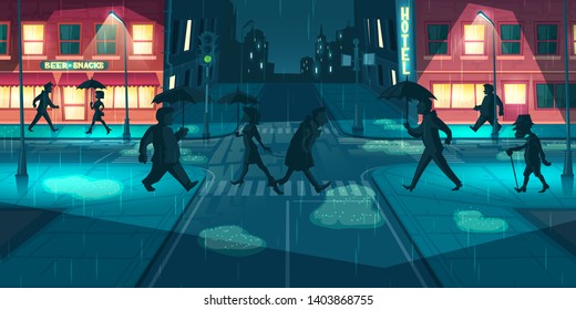 Rain in night city cartoon vector. People with umbrellas walking evening street illuminated lampposts and showcases lights in rainy, wet weather, pedestrians crossing road with puddles illustration