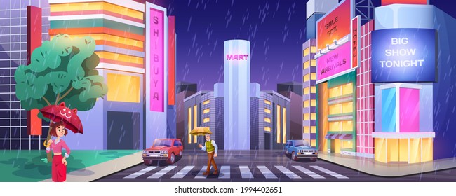 Rain in night city. Pedestrians with umbrellas crossing road. People at crosswalk with cars. Cartoon street illuminated showcases lights in wet, rainy weather. Cityscape with glowing windows of shops.