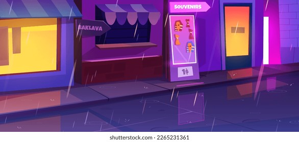 Rain in night city street. Vector cartoon illustration of souvenir shop and local cuisine restaurant facade with illuminated windows, doors and signboards, water puddles on wet road and sidewalk