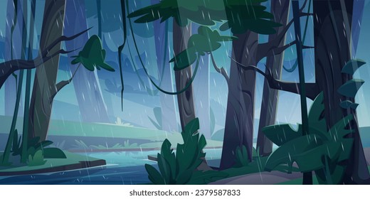 Rain in night jungle forest. Vector cartoon illustration of river flowing between old trees with green foliage and lianas on branches, drops and reflection on water surface, adventure game landscape