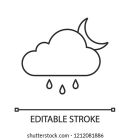 Rain night linear icon. Drizzle or shower at night. Thin line illustration. Cloud, raindrop and moon. Weather forecast. Contour symbol. Vector isolated outline drawing. Editable stroke