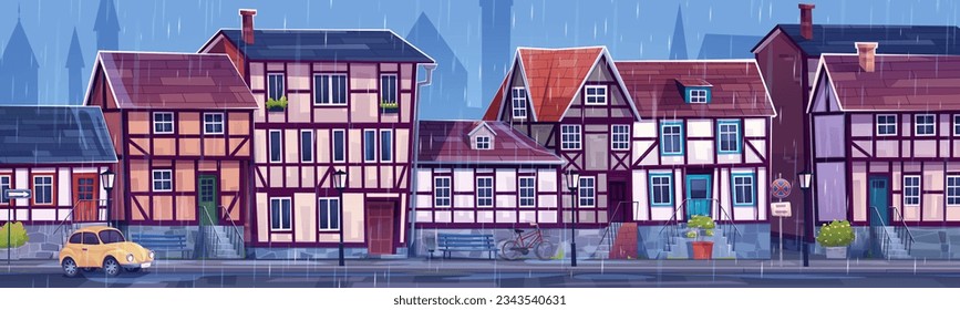 Rain in old European city street with traditional buildings. Vector cartoon illustration of wet neighborhood with traditional German half-timbered houses, retro car on road, bicycle parked near bench