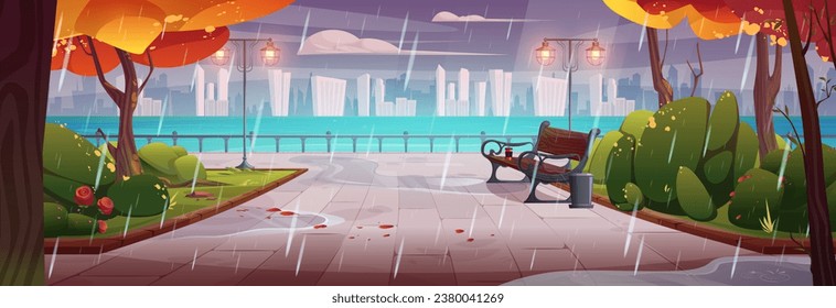Rain on autumn city promenade with bench in riverside park. Vector cartoon illustration of gloomy public garden with yellow foliage on trees, puddles on road, modern cityscape on horizon, cloudy sky