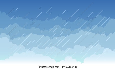 Rain on the background of the sky and clouds, beautiful design. Stylish banner with flat, cartoon poster, flyers, postcards, web. festive mood, airy atmosphere. Rainy weather. Vector Illustration.