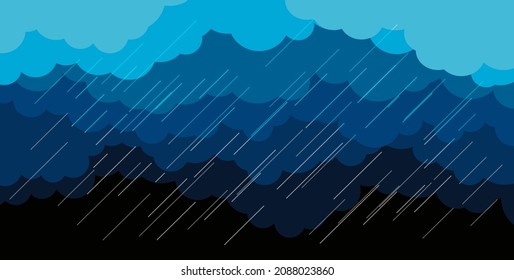 Rain on the background of the sky and clouds, beautiful design. Stylish banner with flat, cartoon poster, flyers, postcards, web. festive mood, airy atmosphere. Rainy weather. Vector Illustration.