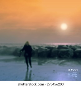 Rain on the beach at sunset. The girl runs along the seashore. Blurred photo, vector illustration
