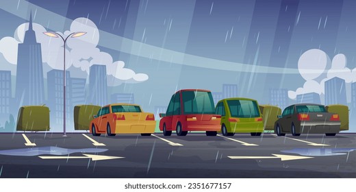 Rain on car park lot and city street road vector illustration background. Free vehicle rest area with skyscraper and falling raindrop weather landscape. Water puddle on urban public asphalt carpark