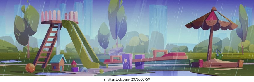 Rain on children playground in park vector illustration. Rainy summer weather kindergarten garden with water puddle and nature landscape. Outdoor preschool yard with tree in city for playtime