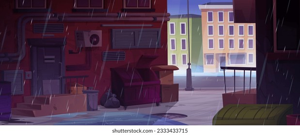 Rain on city alley back street cartoon vector background. Rainy neighborhood ghetto with door, trash and door. Empty alleyway illustration with storm, water puddle and falling droplet near dumpster.