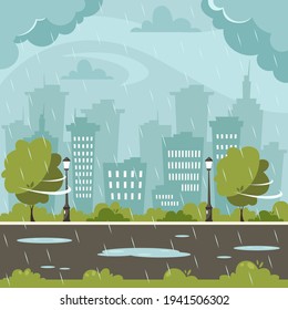 Rain on city background. Rainy and windy day. Vector illustration