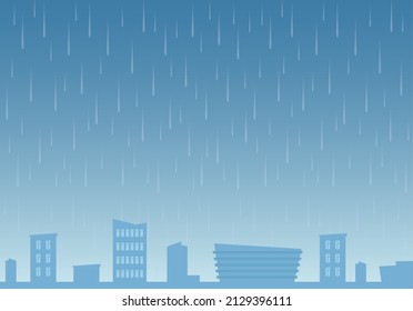 Lluvia al fondo de la ciudad. Día lluvioso. Paisaje urbano en tiempo lluvioso. Ilustración vectorial en estilo plano