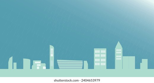 Rain on city background. Rainy day. Urban landscape in rainy weather. Vector illustration in flat style