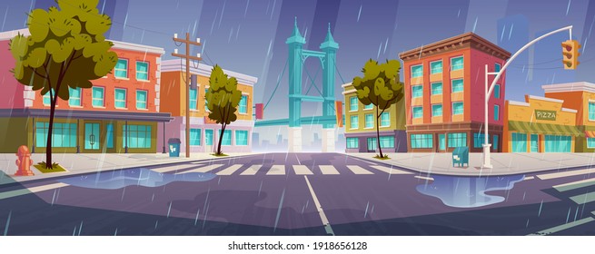 Rain on city street with houses, road with pedestrian crosswalk and traffic lights. Vector cartoon rainy cityscape, urban landscape with residential buildings, trees and overpass road