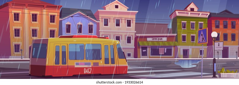 Rain on city street with houses, tram and empty car road with pedestrian crosswalk. Vector cartoon illustration of town with tramway and buildings at rainy weather