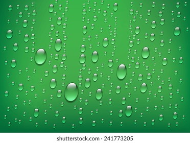 Rain on glass. Water drops isolated on green background. Vector art illustration.  