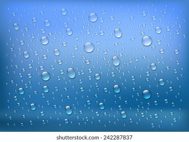 Rain on glass. Water drops isolated on blue background. Vector art illustration. 