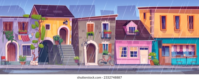 Rain on old Italian town street with cafe. Vector cartoon illustration of European architecture, water puddles on stone paved road, houses with wet laundry on balconies, windows decorated with flowers