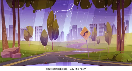 Rain on road to city with forest landscape cartoon. Rainy urban skyline background. Lightning in sky and water puddle on asphalt highway to town. Beautiful path to metropolis through green nature