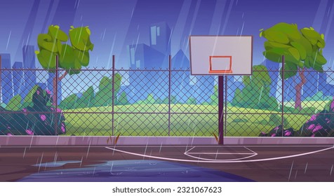 Lluvia en el fondo de la caricatura de la cancha de baloncesto callejera. Estadio de recreo al aire libre de la escuela cerca del parque de la ciudad con ilustración de césped y árboles frutales. escenario deportivo externo para la competencia con charco acuático