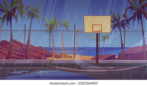 Regen auf der Straße Basketballplatz in der Nähe des Meeresstrand Vektorhintergrund. Schulspielplatz-Stadion mit Zaun am Meer bei Regenwetter. Leere tropische Sportarena mit Palmen und fallenden Tropfen