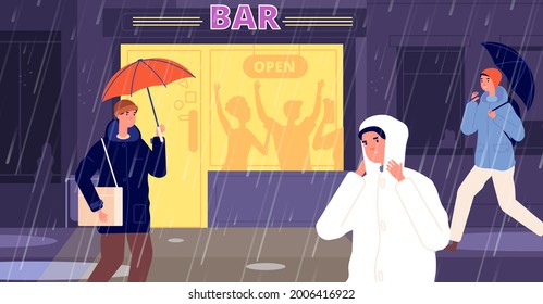 Rain on street. Night bar reopen, entrance lightning on dark. Rainy autumn city, business people walk with umbrella and drink in pub utter vector scene