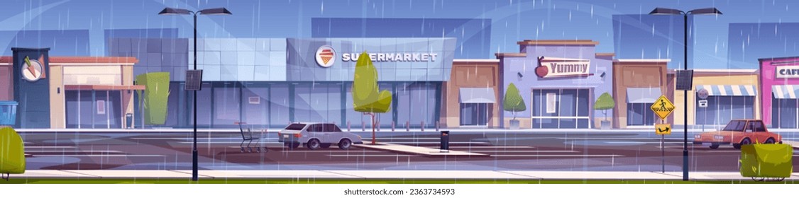 Rain on supermarket parking, store exterior vector. Grocery shop illustration with lot for vehicle, shopping cart and outdoor architecture on rainy weather. Wet road with puddle near commercial estate