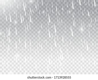 Lluvia sobre fondo blanco transparente. Cae agua de forma realista. Textura de lluvia. Tormenta de lluvia. Fondo nublado de lluvia. Ilustración vectorial.