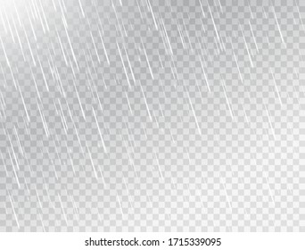 Rain on white transparent background. Rainfall texture. Rain storm. Realistic falling water drops. Rainy cloudy backdrop. Vector illustration.