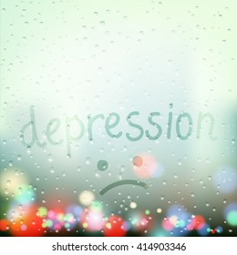 Rain on the window. Word depression is written a finger on the wet glass. Stock vector illustration.
