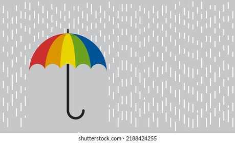 Lluvia y un paraguas de color arcoiris abierto, concepto de seguridad. Protección y aislamiento de factores de riesgo externos. Ilustración del vector