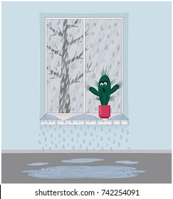 Rain outside the window. The frame is leaking. The window sill is wet. Drops are dripping. A puddle on the floor. 