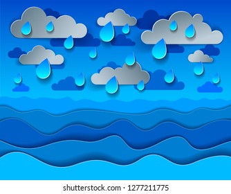 Lluvia sobre el mar con olas curvadas, clima lluvioso, perfecta ilustración vectorial moderna en el estilo 3d de papel cortado.