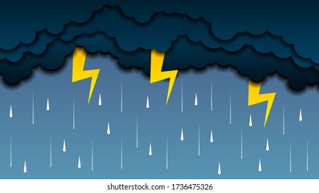 Rain Paper Cut Dark Gradient Background With Clouds With Lightning Vector
