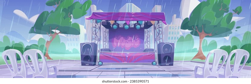 Rain in park with outdoor music festival stage. Rainy weather on open air public live rock party performance. Empty disco tent for fest or wedding celebration in garden with cityscape view cartoon.