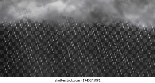 Rain is pouring from gray thunderclouds. Realistic vector illustration isolated on transparent background.
