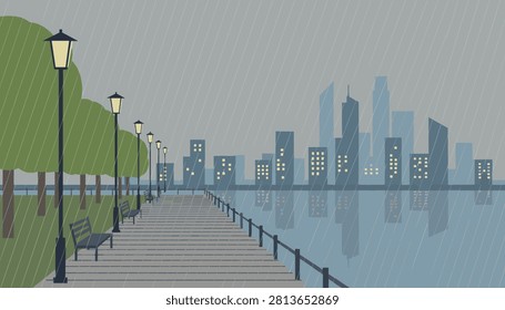 Rain pouring over a quiet park boardwalk with benches, street lamps, and the distant city skyline in reflection.