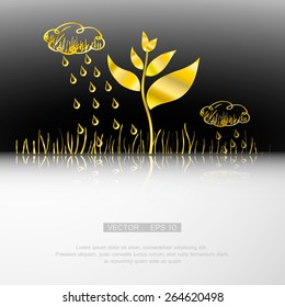 Rain pours golden sprout. vector background eps 10