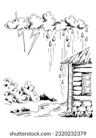 Rain pours on the roof. Vector doodle.