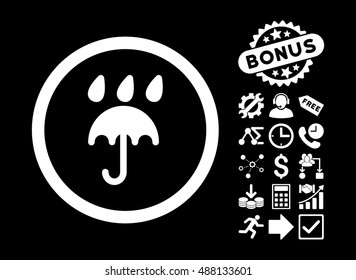Rain Protection icon with bonus symbols. Vector illustration style is flat iconic symbols, white color, black background.