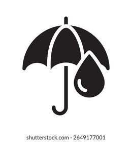 Ícone de proteção contra chuva com um guarda-chuva protegendo uma gota de água representando cobertura à prova d'água e abrigo de condições climáticas úmidas vetor ícone de glifo sólido