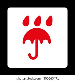 Rain protection icon. Vector style is red and white colors, flat rounded square button on a black background.