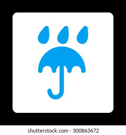 Rain protection icon. Vector style is blue and white colors, flat rounded square button on a black background.