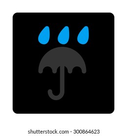 Rain protection icon. Vector style is gray and light blue colors, flat rounded square black button on a white background.