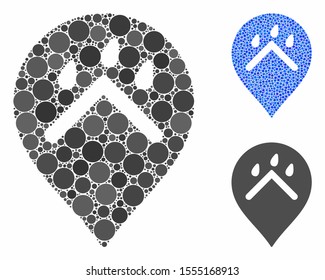 Rain protection marker mosaic of circle elements in various sizes and color tones, based on rain protection marker icon. Vector dots are united into blue mosaic.