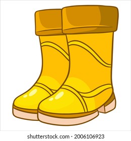 Rain protection. Two yellow rubber boots for walking in puddles and mud. Cartoon style. Vector illustration for design and decoration.