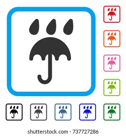 Rain Protection Umbrella icon. Flat gray pictogram symbol in a light blue rounded rectangular frame. Black, gray, green, blue, red, orange color additional versions of Rain Protection Umbrella vector.